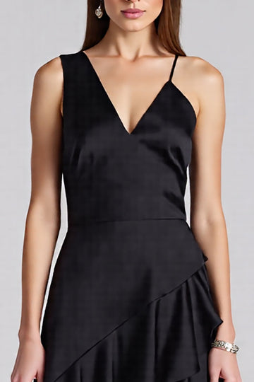 A Line V Neck Ruffled Black Midi Formal Dress